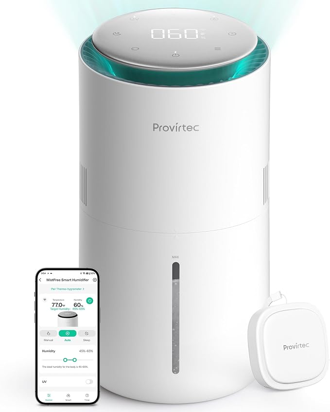MistFree Smart Humidifier for Bedroom, Evaporative Humidifier No White Dust, Auto Humidity & APP Control, 3L Water Tank Easy to Clean, Sleep Mode, Timing, Humidifiers for Home/Office(White) by Provirtec