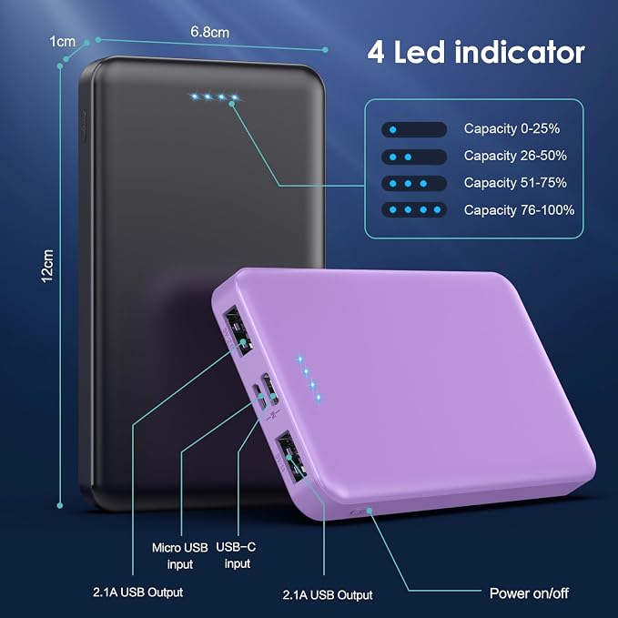 [2 Pack] Portable Charger Power Bank 10000mAh,Ultra Slim Compact External Battery Pack with USB C Input & Dual USB Outputs Backup Charger Compatible with iPhone 14,13, Samsung S20,Tablet-Black+Purple - Image 4
