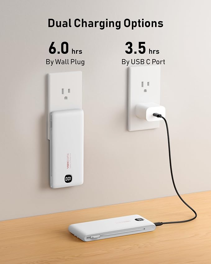 Portable Charger Power Bank Built in Cables and Wall Plug, 10000mAh iPhone Battery Pack Fast Charging, USB C External Slim Power Bank, Travel Essentials Compatible with iPhone 17 16 15 14 iPad, White - Image 4