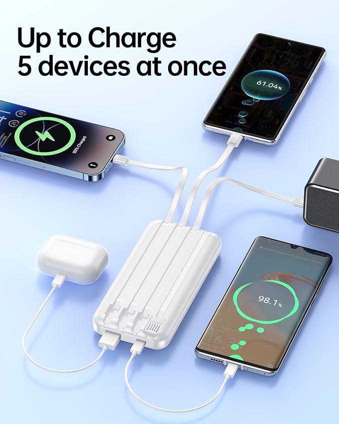 RONEGN Portable Charger with Built in Cable - Power Bank Fast Charging USB C LED Display 10000mah Battery Pack 5 Outputs & 3 Inputs for Travel Essentials iPhone Samsung Android Phones Tablets Grey - Image 7