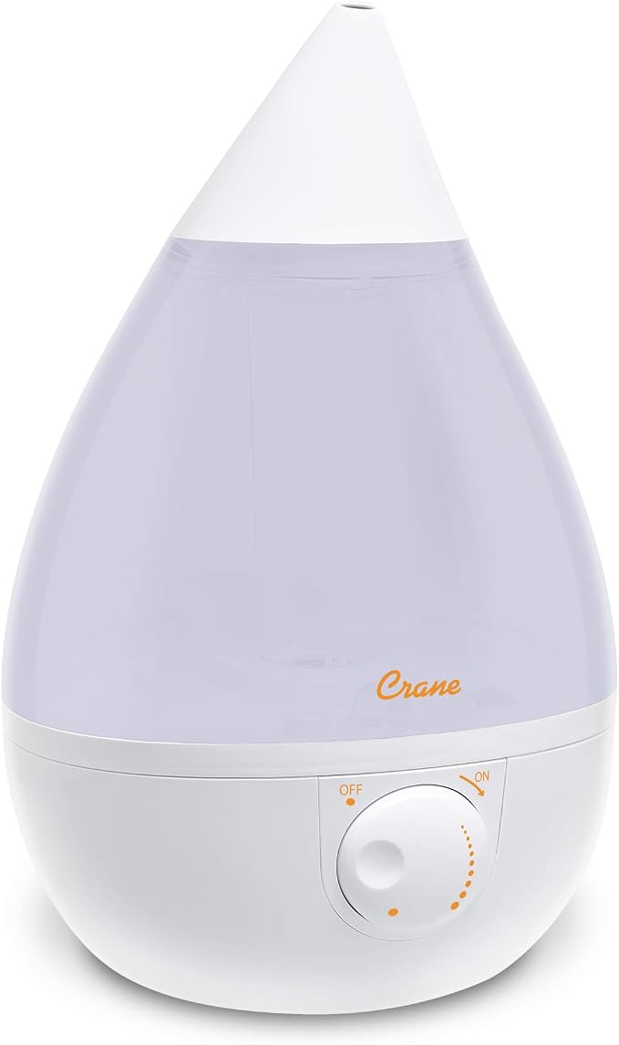 Crane White Drop Ultrasonic Cool Mist Teardrop Humidifier, 1 Gallon Tank, Baby Humidifier for Nursery, Bedroom, Plants, Office, Adjustable Mist Levels by Crane