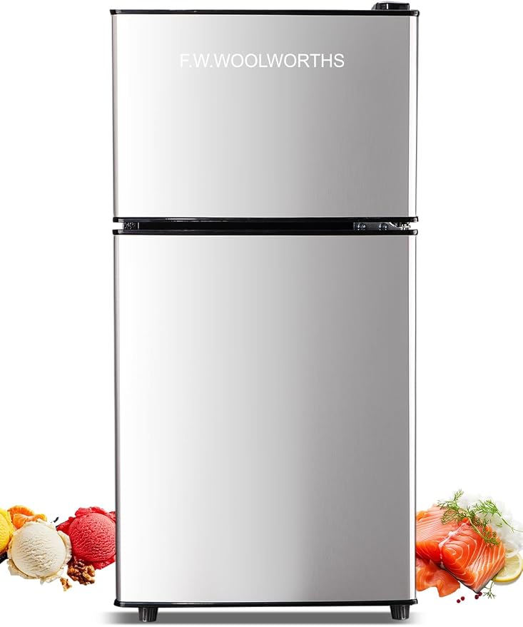 F.W.WOOLWORTHS 3.5 Cu.Ft Refrigerator with Freezer | Compact Fridge with 2 Doors for Office, Kitchen, Dorm and Bedroom, 7 Level Temp Adjustable Thermostat, Silver by FWWOOLWORTHS
