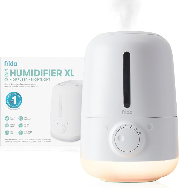 Frida Baby 3-in-1 XL Top Fill Humidifier for Bedroom, Cold & Flu Relief, 6L Tank Cool Mist Humidifier + Diffuser for Large Rooms, Mold Resistant, Nightlight, Auto-Off, Quiet, Essential Oil Diffuser by Frida