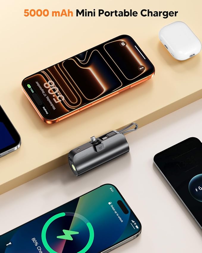 5000mAh Mini Portable Charger with Built-in Type C Connector & Cables,5V 2.4A USB-C Small Power Bank,2 Output Flashlight External Battery Pack Compatible with iPhone 17-12 Pro Galaxy,iPad (Black) - Image 5
