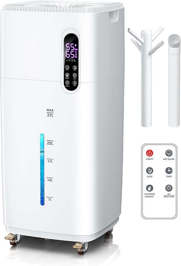 26L/5.7Gal Humidifier Large Room 3000 ft², Supersized Cool Mist, 38H Quiet Humidifiers for Bedroom, 2000mL/h Mist Output, Touch/Remote Control, Humidifiers for Home, Whole House, Plant, White by MONISEN