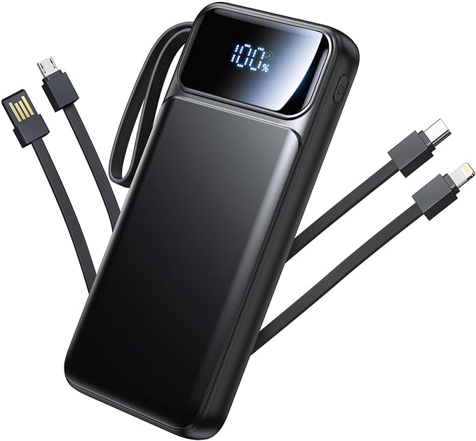 Power Bank, Portable Charger with Built in Cable 22.5W Fast Charging Battery Pack 10000mAh Slim 6 Outputs 3 Inputs LED Display Phone Charger for iPhone Samsung Pixel Moto iPad Travel Essential Gift by Aioneus