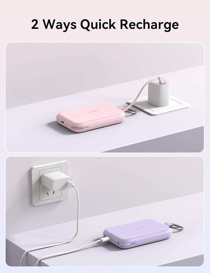 RORRY Portable Charger, 10000mAh PD 30W Fast Charging Portable Charger Power Bank with Built-in Cables, Travel Keychain Charger Battery Pack for iPhone 17/16/15/14/13/12, for AirPods 2/3/4/Pro, Purple - Image 8