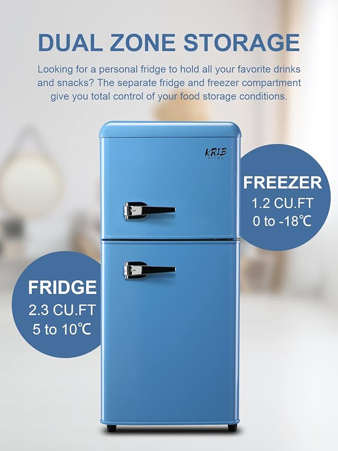 Mini Fridge Compact Refrigerator Small Refrigerator 7 Level Adjustable Thermostat Removable Shelves with Stainless Steel 2 door for Office Dorm Apartment 3.5 Cu.Ft Blue - Image 3