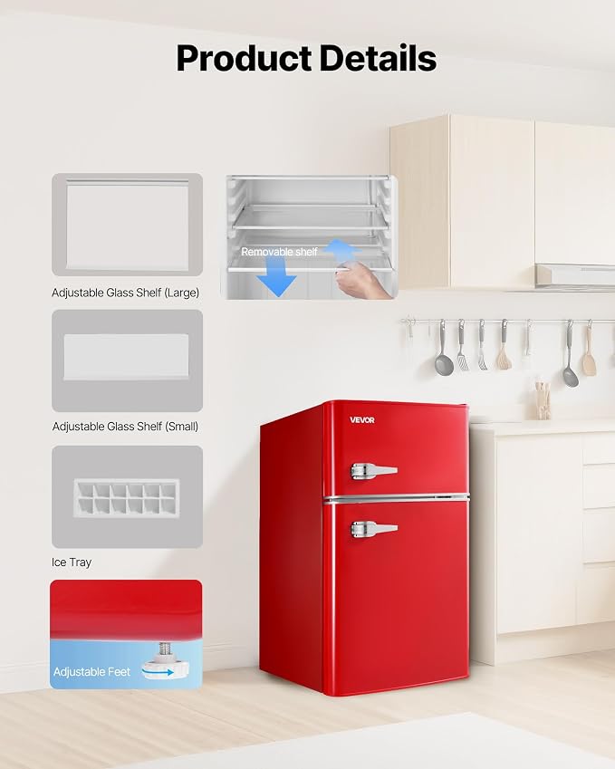 VEVOR 3.2 Cu.Ft Mini Fridge with Freezer, Dual Zone Compact Refrigerator, 7-Mode Adjustable Temp, Energy Efficient Low Noise Dorm Fridge, Small Refrigerator for Bedroom, Office, Retro Red - Image 6