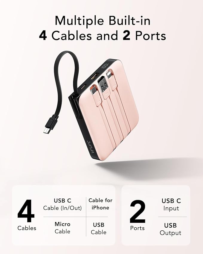 VRURC Portable Charger for iPhone Built-in Cables, 22.5W USB C Fast Charging 10000mAh Pocket Power Bank, Battery Pack for iPhone 17 16 & Samsung Galaxy S26 S25 etc Android, Pink(1 Pack) - Image 2