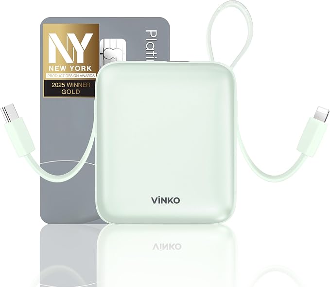 VINKO Small Portable Charger, 22.5W Fast Charging Mini Power Bank 10000mAh with Built-in Cables LED Display, Travel Essential USB-C Battery Pack Compatible with iPhone,Samsung,Android (Green) by VINKOPocketPowerBank
