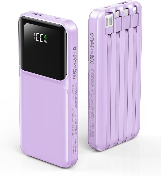 RONEGN Portable Charger with Built in Cable - Power Bank Fast Charging USB C LED Display 10000mah Battery Pack 5 Outputs & 3 Inputs for Travel Essentials iPhone Samsung Android Phones Tablets Purple by RONEGN