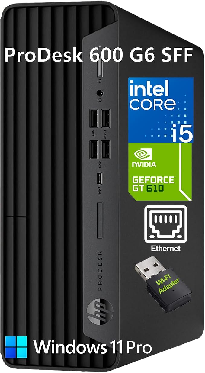 HP ProDesk 600 G6 SFF Desktop - Intel i5-10400F, 8GB RAM, 256GB PCIe SSD | GeForce GT 610, Windows 11 Pro, USB-C, Dual Monitor, Business PC with Keyboard, Mouse & WiFi Adapter by Unknown