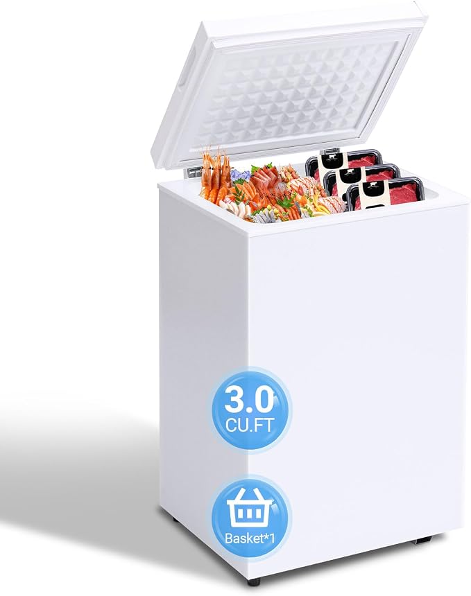 Erivess 3.0 Cu Ft Compact Chest Freezer, Mini Deep Freezer 7 Temp Settings | Energy Saving & Low Noise Free Standing Top open Door Small Freezer, Reversible Door, Removable Shelves, Small freezer, Home by Erivess