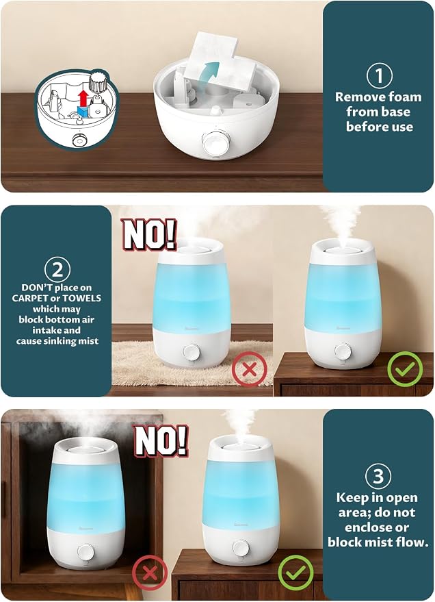 BREEZOME 2.5L Top Fill Humidifiers for Bedroom, 250ml/h Mist Output, 25hrs Humidifiers for Home, 7 Adjustable LED, Essential Oil Diffuser, 25dB Ultrasonic Humidifier for Baby and Indoor Plants, White - Image 5
