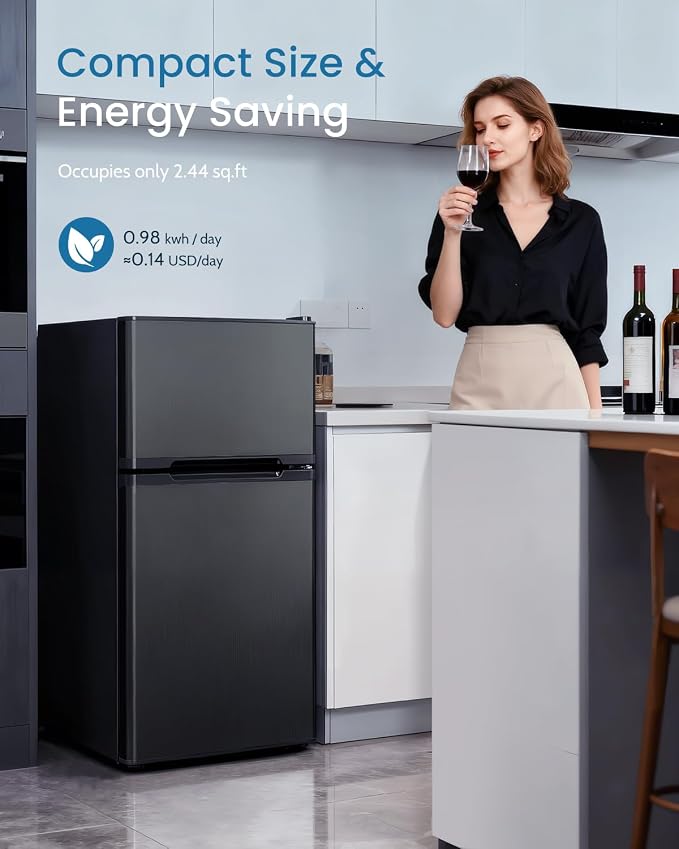 Feelfunn 3.2 Cu.Ft Mini Fridge with Freezer - 2 Door Small Refrigerator, Mini Refrigerator with Adjustable Thermostat, Removable Shelves, Mini Fridge for Bedroom, Office, Dorm, Apartment, Black - Image 7