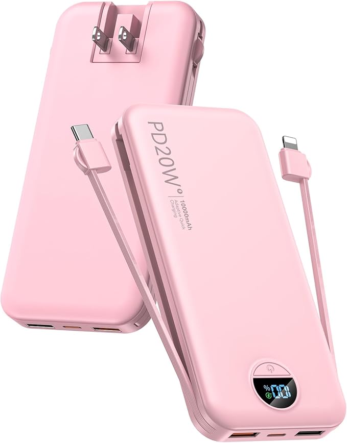Portable Charger, 10000mAh PD20W Fast Charging Power Bank with Built-in Cables & Wall Plug, External Battery Pack with LED Display, Travel Essentials Battery Bank for iPhone, iPad, Samsung Fairy Pink by CITICR