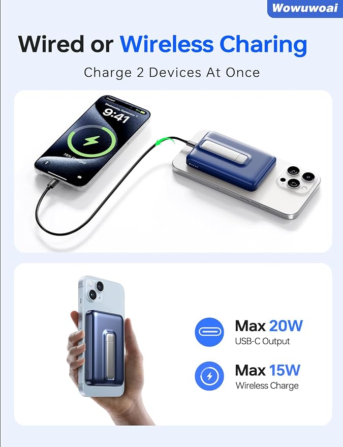 for Magsafe Portable Charger, 10000mAh Wireless Power Bank with Stand and PD 20W, USB C Fast Charging Powerbank, Magnetic Battery Pack Compatible with iPhone 17/16/15/14/13/12 Pro Max - Dark Blue - Image 4