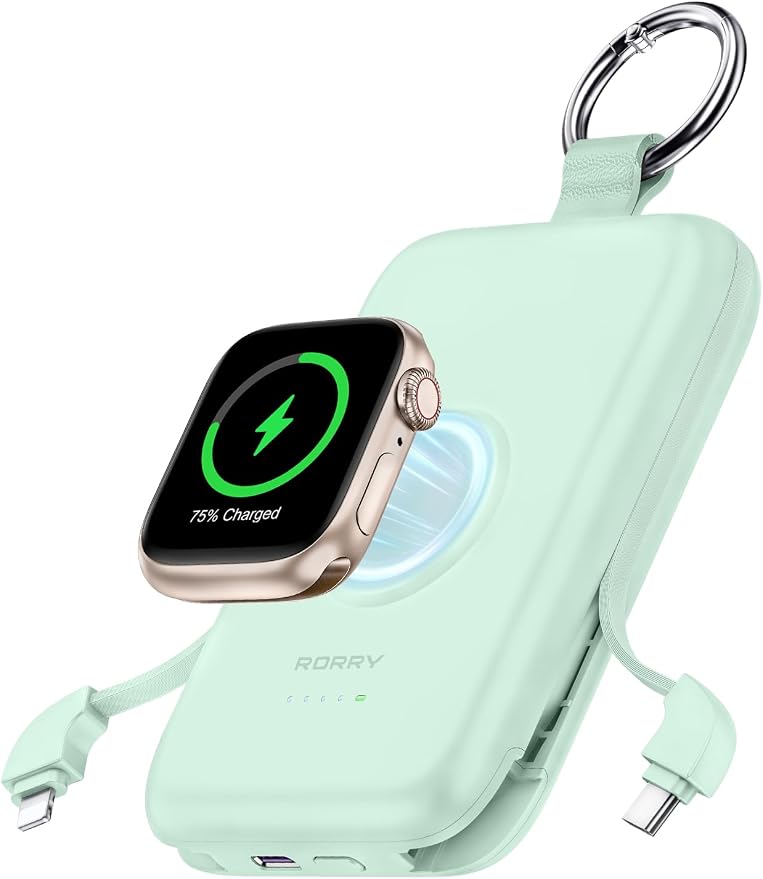 RORRY Portable Charger, 10000mAh PD 20W Fast Charging Portable Charger Power Bank with Built in Cables, Travel Battery Pack for iPhone and Apple Watch Ultra/11/10/9/8/7/6/5, Green by RORRY