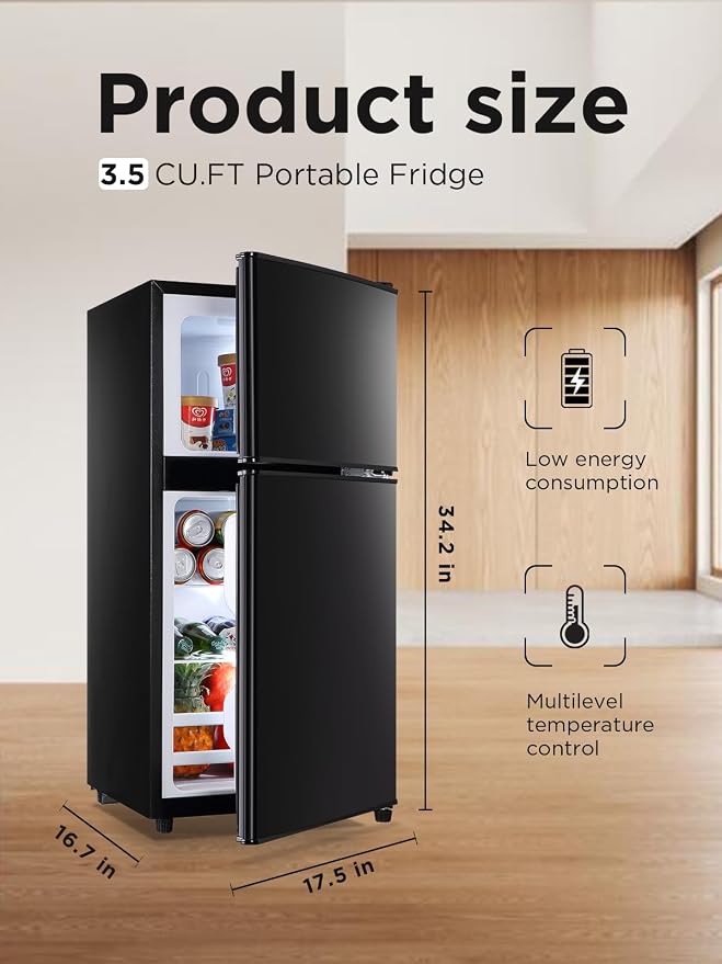 F.W.WOOLWORTHS 3.5 Cu.Ft Refrigerator with Freezer | Compact Fridge with 2 Doors for Office, Kitchen, Dorm and Bedroom, 7 Level Temp Adjustable Thermostat, Black - Image 3