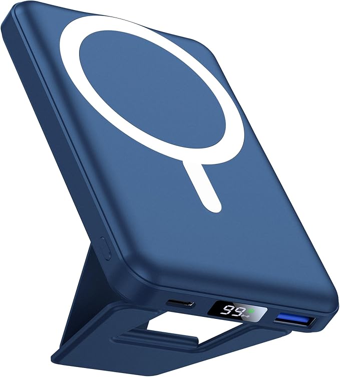 AOGUERBE for Magsafe Power Bank, 10000mAh Foldable Magnetic Battery Pack with LED Display, 3 in 1 Wireless Portable Charger with 22.5W Fast Charging for iPhone 17/16/15/14/13/12 Series-Dark Blue by AOGUERBE