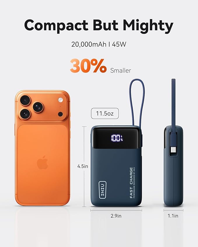 INIU 20000mAh Power Bank, Small Portable Charger, 45W PD Fast Charging Battery Pack with Build in USB-C Cable, Travel Phone Charger for iPhone 17 16 15 14 Air Samsung S25 S24 Google iPad Xiaomi, Blue - Image 3