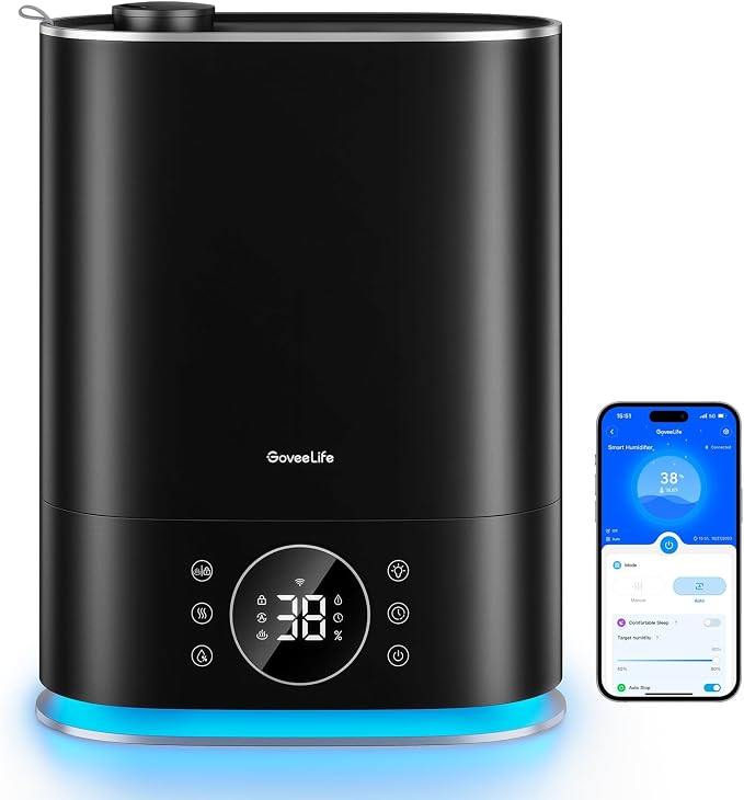 GoveeLife 7L Humidifiers for Bedroom, Smart Top-Fill Cool & Warm Mist Humidifier Large Room, Auto Mode, 70H Quiet Runtime for Baby Plants Nursery, App & Voice Control, RGB Nightlight, Humidity Sensor by GoveeLife