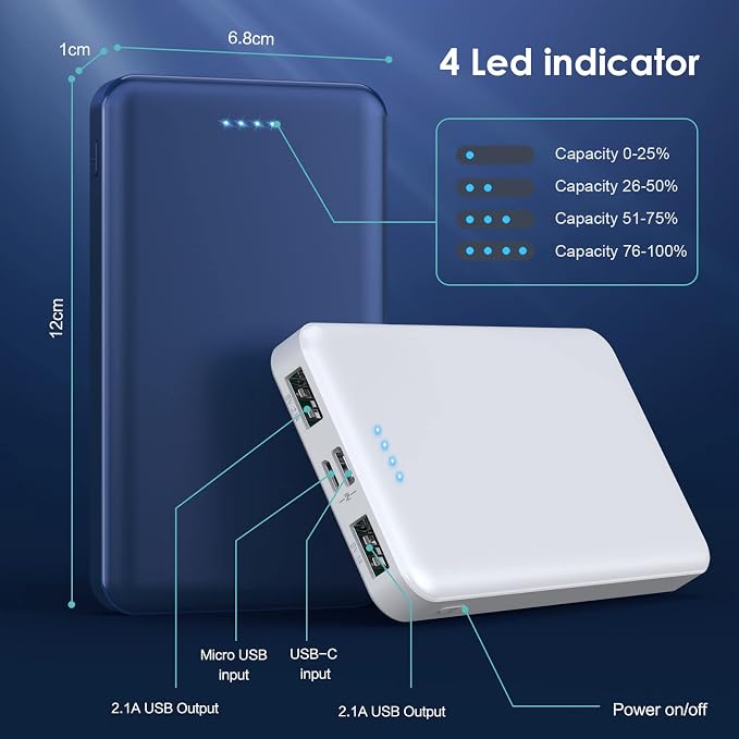 [2 Pack] Portable Charger Power Bank 10000mAh,Ultra Slim Compact External Battery Pack with USB C Input & Output Backup Charger Compatible with iPhone 16/15/14/13, Galaxy S24,Android etc-Blue+White - Image 5