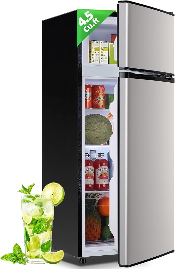 DEMULELR 4.5Cu.ft Refrigerator with Freezer Two Door Fridge with Removable Glass Shelves, Crisper Drawer & Extra Drink Space, LED Light, Apartment Size Fridge for Dorm Silver by DEMULLER