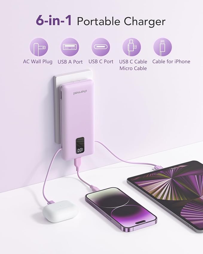 charmast Portable Charger with Built-in Cables & Wall Plug, 10000mAh Portable Power Bank, External Battery Pack Travel Essentials Compatible with iPhone 16/15/14/13, Samsung, iPad etc - Image 2