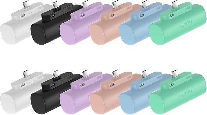 Miady 12-Pack 5000mAh Mini Portable Charger with Built-in Type C Connector, 5V 2.4A USB-C Output Fast Charging Small Power Bank (Black+White+Lake Green+Clove Purple+Cream Blue+Champagne Pink) by Miady