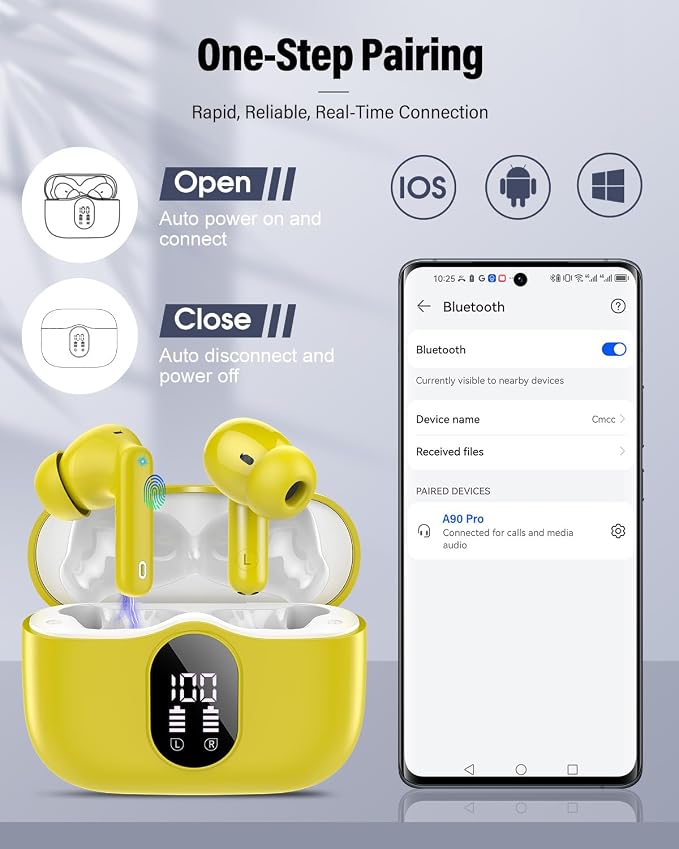 Wireless Earbuds, Bluetooth 5.4 Headphones Bass Stereo/Clear Calls, Yellow | Ear Buds with Noise Cancelling Mic LED Display in Ear Earphones IP7 Waterproof 36H Bluetooth Earbuds for Phones/Sport/Laptop - Image 5
