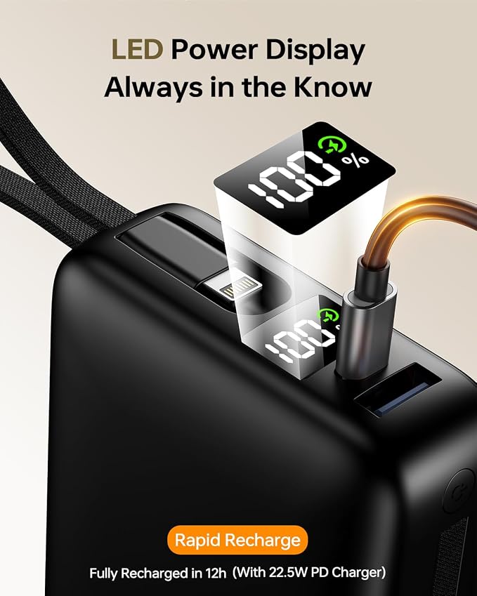 Portable Charger 50000mAh Power Bank,Portable Phone Charger with 2 Built in Cables,22.5W Fast Charging Travel Essentials Battery Pack for iPhone/iPad/MacBook/Android/Samsung - Image 5