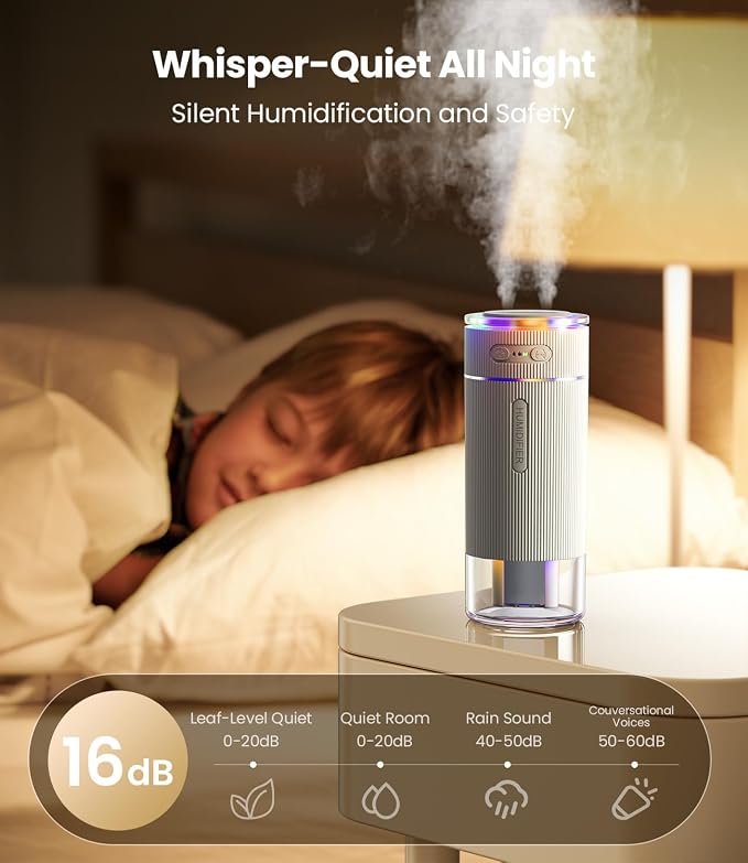 WSKEN Portable Small Humidifier for Bedroom - [Dual Nozzle Large Cool Mist] [Ambiance Lighting] [Car Smart On/Off] Ultrasonic Mini Personal Desk Air Humidifiers for Travel Office Baby Room,White - Image 4