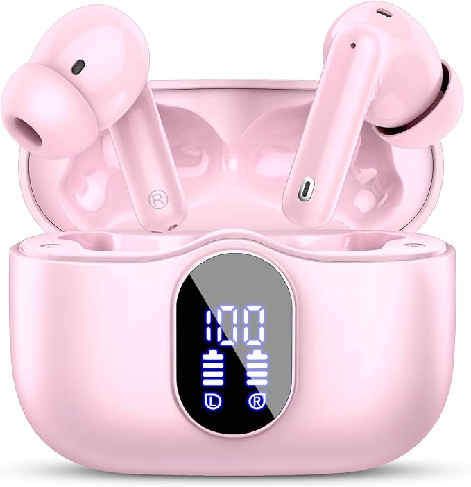 Wireless Earbuds, Bluetooth 5.4 Headphones Bass Stereo/Clear Calls, Pink | Ear Buds with Noise Cancelling Mic LED Display in Ear Earphones IP7 Waterproof 36H Bluetooth Earbuds for Phones/Sport/Laptop by Btootos