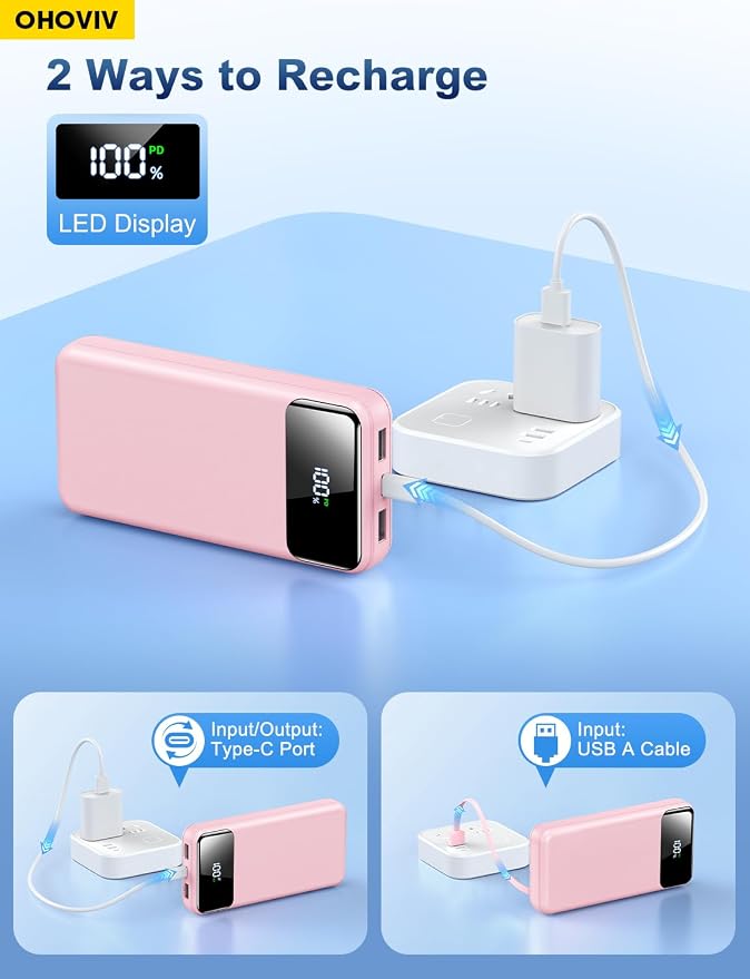 OHOVIV Portable Charger Power Bank 50000mAh Battery Pack, 22.5W Fast Charging PowerBank with Built in Cables,Travel Essential USB-C Portable Phone Charger for iPhone Samsung Pixel Android iPad-Pink - Image 6
