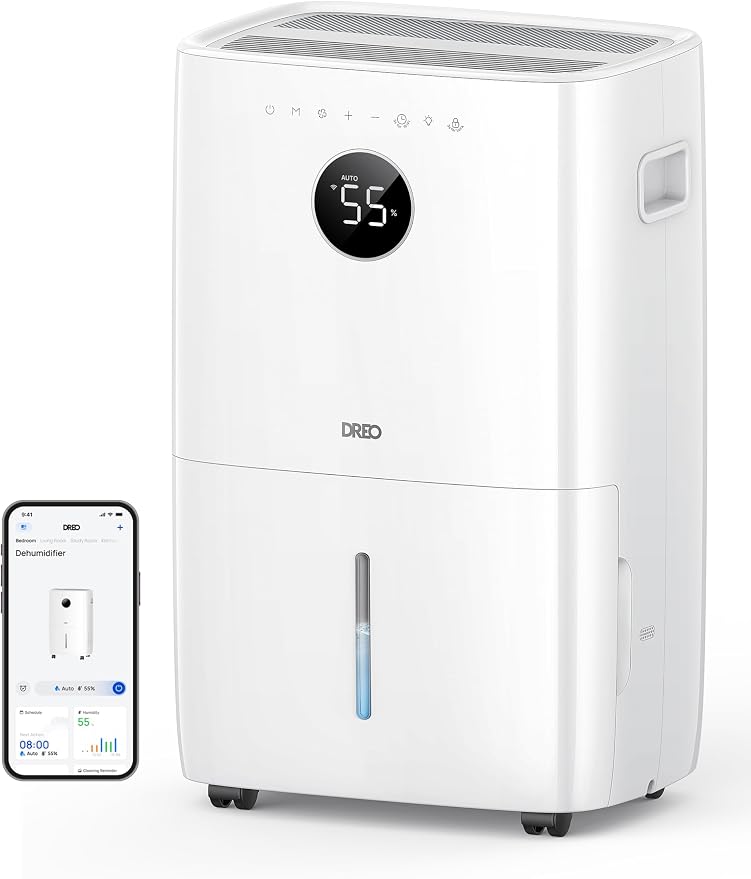 DREO 110-Pint Smart Dehumidifier for Basement, 4500 Ft² for Large Room, 2 Gallon Water Tank, Auto/Comfort/Constant Mode Dehumidifiers for Home, Bedroom, Bathroom, with Drain Hose, White, 711S by DREO