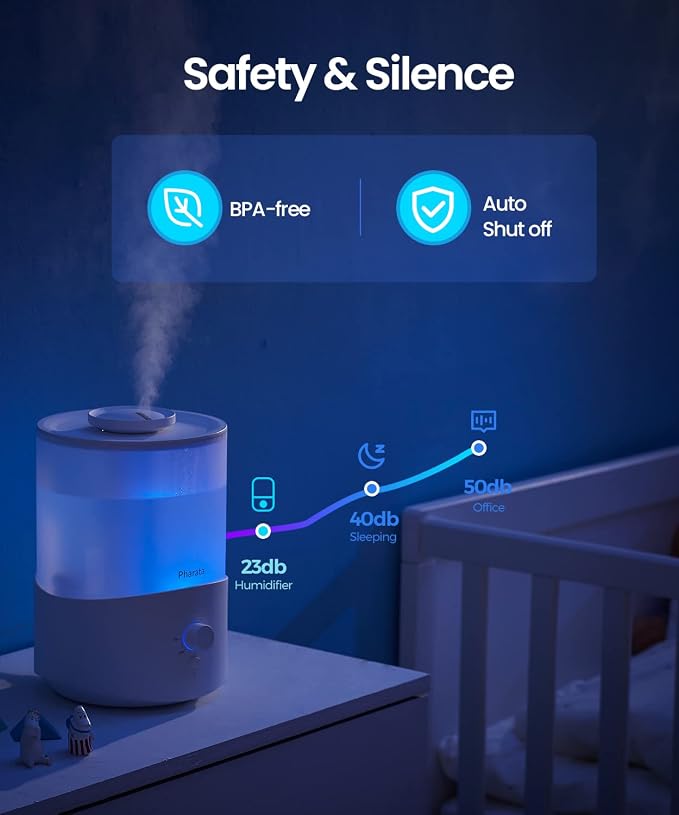 Humidifiers for Bedroom Large Room, 2.5L Cool Mist Humidifier with Essential Oil Diffuser, Top Fill Humidifier for Baby, Home, Plant, Ultrasonic Humidification for whole house, Auto Shut-Off - Image 6