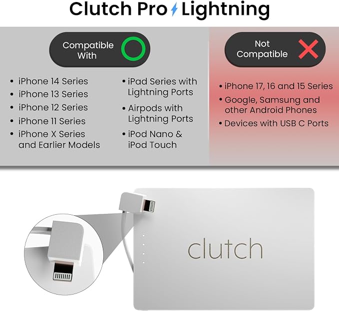 Clutch Pro – World's Thinnest iPhone Charger – Portable Power Bank 5000mAh – Magnetic Built-in Lightning Cable – TSA Approved Travel Charger – iPhone 14 & Earlier – White - Image 2