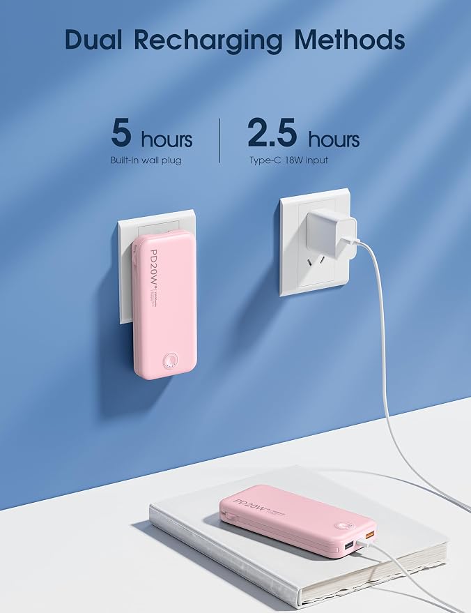 Nusyddy Portable Charger, 10000mAh PD20W Fast Charging Power Bank with Built-in Cables & Wall Plug, Travel Essentials External Battery Pack, USB C Battery Phone Charger for iPhone, iPad, Samsung Pink - Image 7