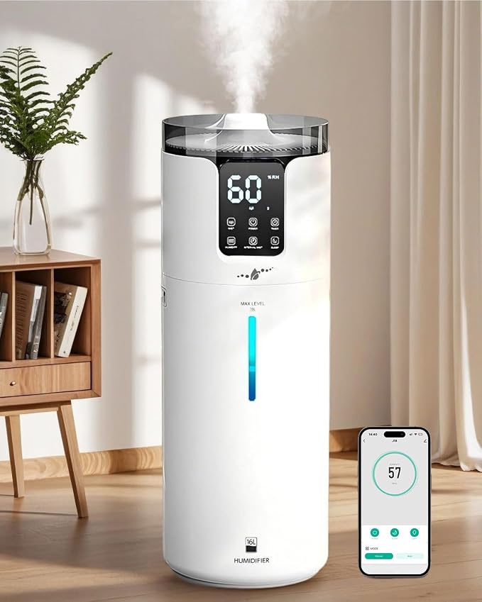 16L Smart Humidifier large room, Whole house Humidifier for Home 1500 sq.ft with APP/Voice/Remote Control, Ultrasonic Cool Mist Humidifiers for Bedroom, Plants, office with Tube, White by Bigcapacitybigpeaceofmind