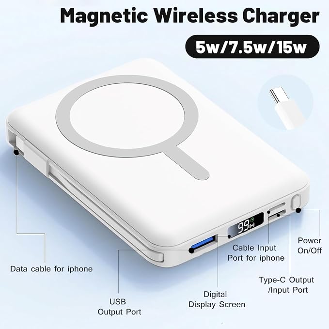 Azmuth for MagSafe Portable Charger, 10000mAh Magnetic Power Bank with 20W PD USB-C Fast Charging LED Display for MagSafe Battery Pack, Magnetic Travel Charger for iPhone 17/16/15/14/13/12 Series - Image 2