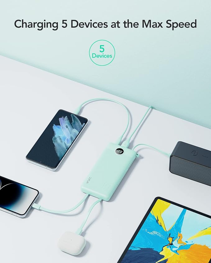 VRURC Portable Charger for iPhone, Compact Travel Power Bank 10000mAh, USB C Battery Pack 4 Outputs 3 Inputs, Slim Phone Charger with Cables for iPhone 17 16 15 14 13,Samsung Galaxy-Green(1 Pack) - Image 4