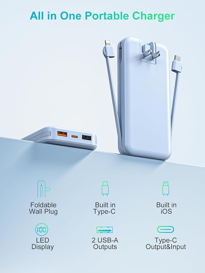 Portable Charger with Built-in Cables and Wall Plug, 10000mAh PD20W USB C Power Bank Fast Charging with LED Display, External Battery Pack Travel Essentials Compatible with iPhone, iPad, Samsung Blue - Image 9