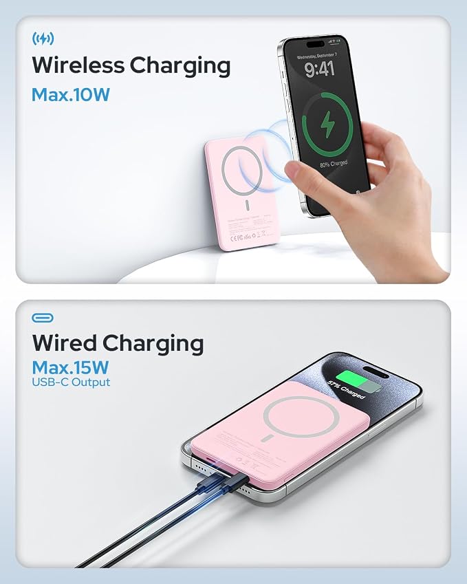 TRKOY for Magsafe Portable Charger, 5000mAh for Magsafe Power Bank with USB C Fast Charging,Travel Essential for Magnetic Battery Pack Wireless Compatible with iPhone 17/16/15/14/13/12 Series, Pink - Image 5