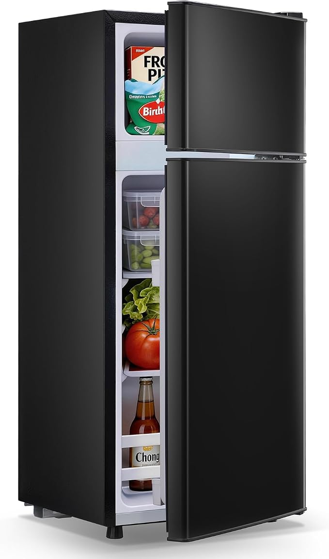 DEMULELR Small Refrigerator with Freezer2.6 Cu.ft Black Dual Door Mini Fridge with 3 Removable shelves & Side Drink Space Small Fridge for Office Dorm Home 14.77" W x 15" D x 35" H by DEMULLER