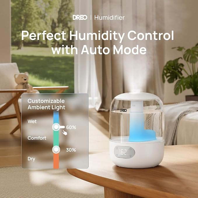 DREO Humidifiers for Bedroom, Cool Mist Ultrasonic Humidifier with 26dB Quiet & RGB Lighting, Top Fill 3L Tank, Easy Clean, 30 Hr Runtime for Home, Baby, Plant, Nursery, Work with Google/Alexa - Image 2