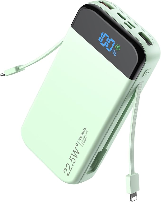 Portable Charger Power Bank 32000mAh with Built in Cables, PD3.0 USB C Fast Phone Charger, 5 Outputs LCD Display Travel Battery Pack Compatible with iPhone, Samsung All Cell Phones (Green) by LENGSUM