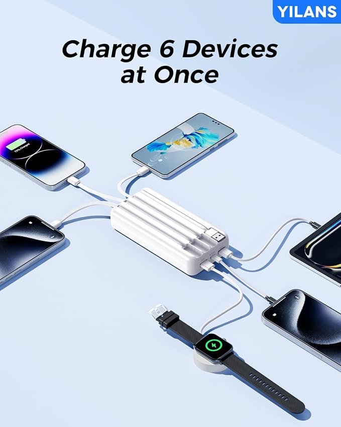 Portable Charger,50000mAh Power Bank Built-in Cable, 22.5W PD USB C In & Out Fast Charging, External Battery Pack with 6 Output & 2 Input, Travel Phone Charger for iPhone 17/16/15/14/13/12(White) - Image 3