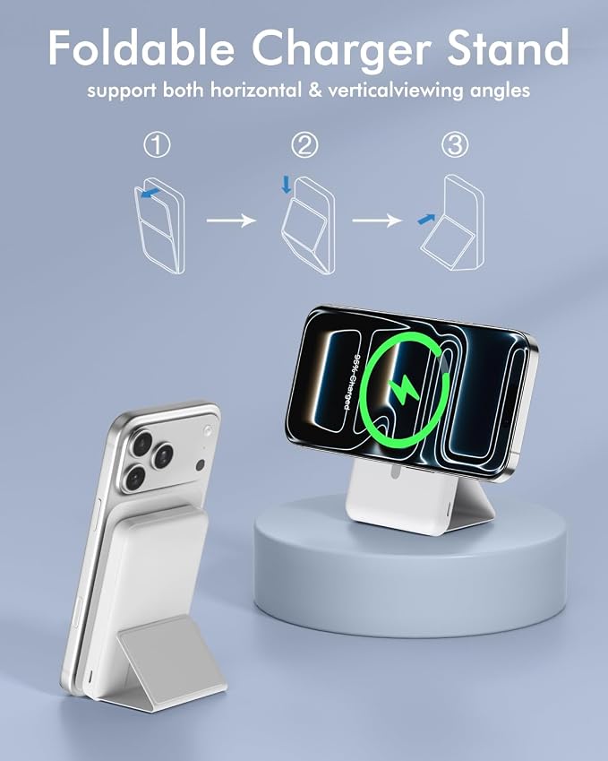 podoru for Magsafe Battery Pack, Foldable 10000mAh Magnetic Power Bank with USB-C Cable LED Display 22.5W PD Fast Charging Wireless Portable Charger for iPhone 17/16/15/14/13/12 Series-White - Image 4
